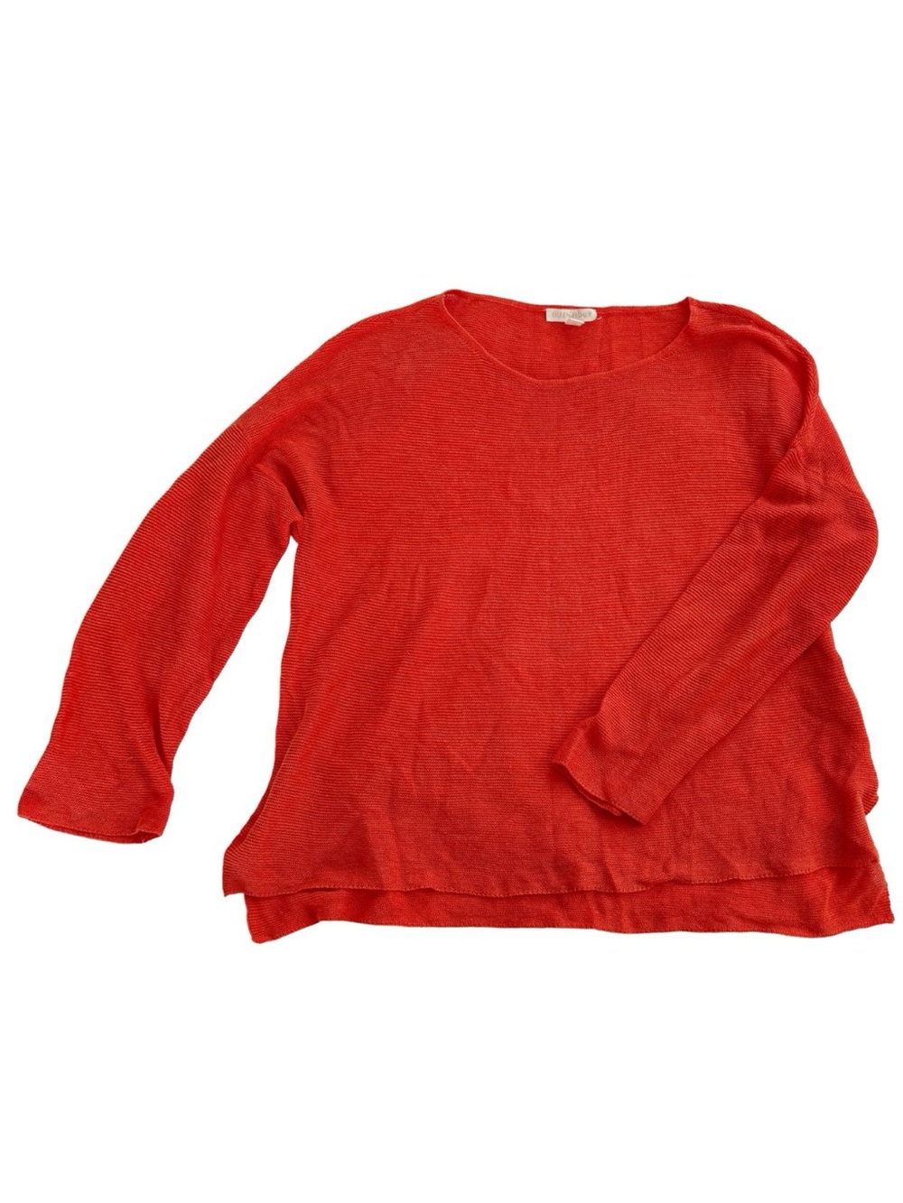 Eileen Fisher Organic Linen Knit Boxy Pullover Sweater Top Red Orange